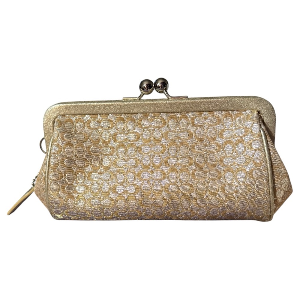 Coach Metallic Champagne Signature Kisslock Frame Wristlet/Clutch - Picture 2 of 8